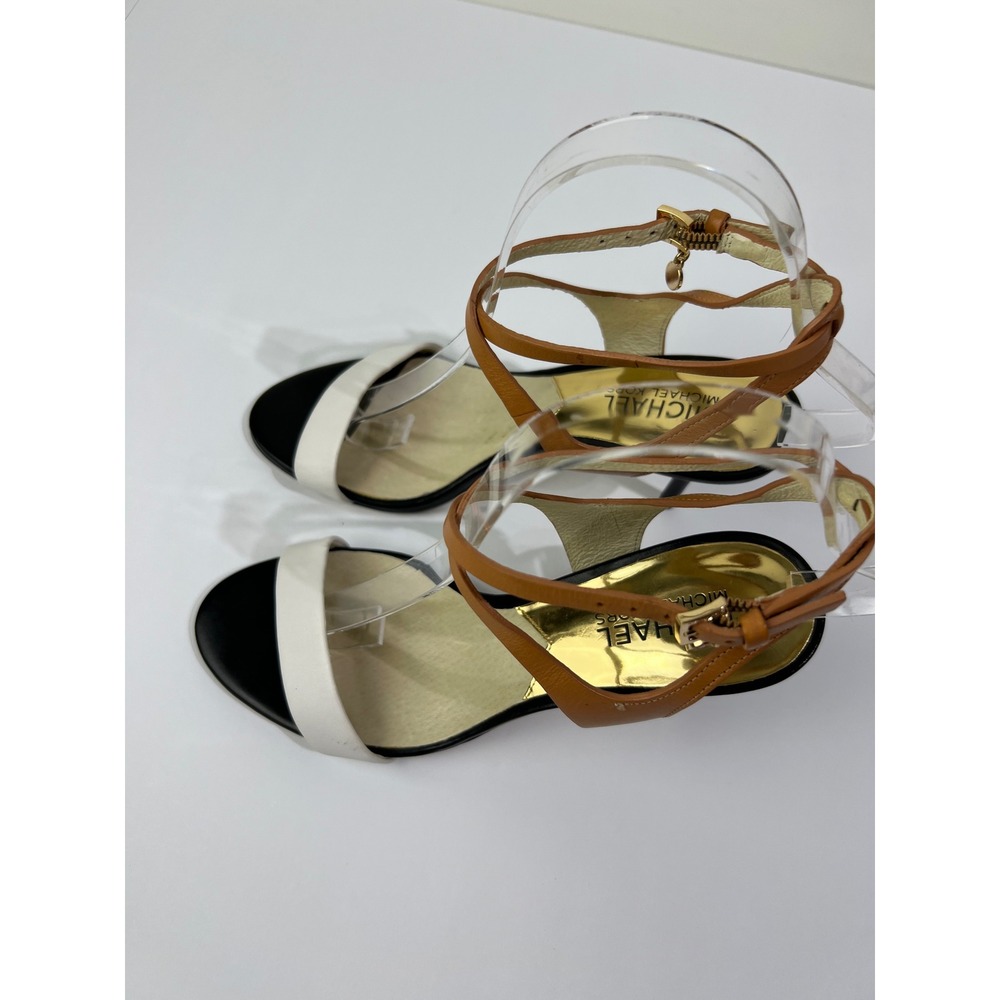 Michael Kors Womens Leather Ankle Strap Heels Tan White Black Size 6.5 - Picture 12 of 13